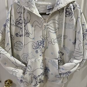 Disney Stitch Hoodie Womens Large Cream Full Zip All Over Print Graphic Size L